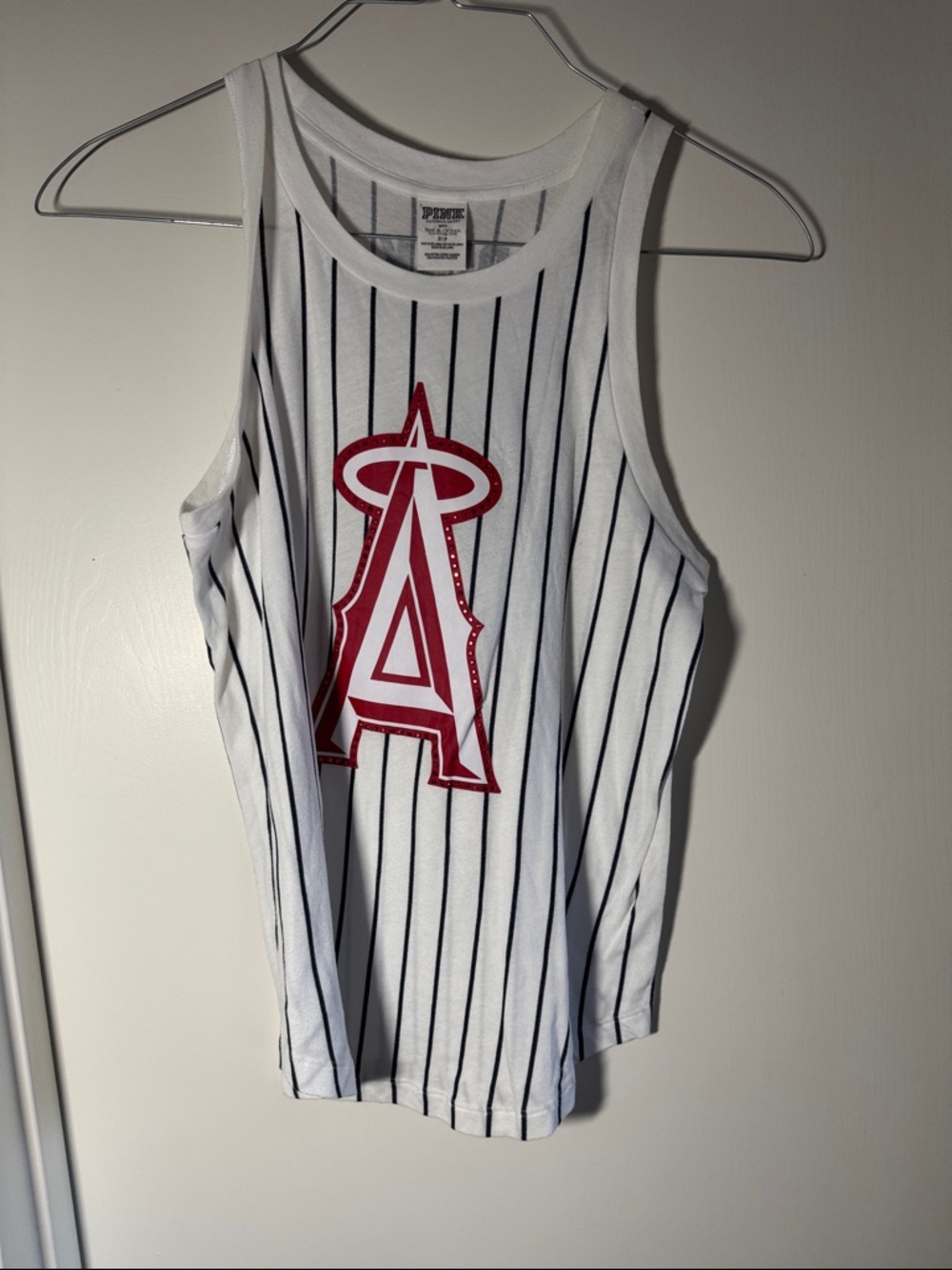 PINK Victoria's Secret White Pinstripe Tank with Red Logo